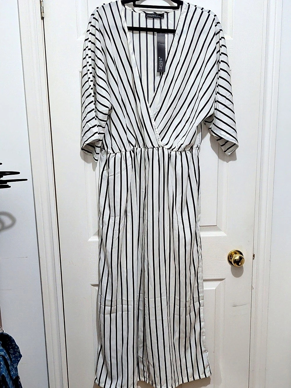 Zanzea Striped Wrap Jumpsuit in White & Black